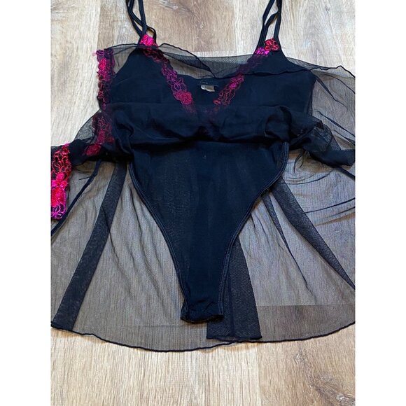 90s/Y2K Fredricks of Hollywood Black Sheer Babydoll Lingerie With Bright Pink Fl - Picture 9 of 9
